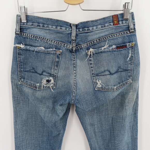 7 For All Mankind Womens 27 Blue Wash Denim Jeans Flare Distressed Destroyed - Picture 9 of 16